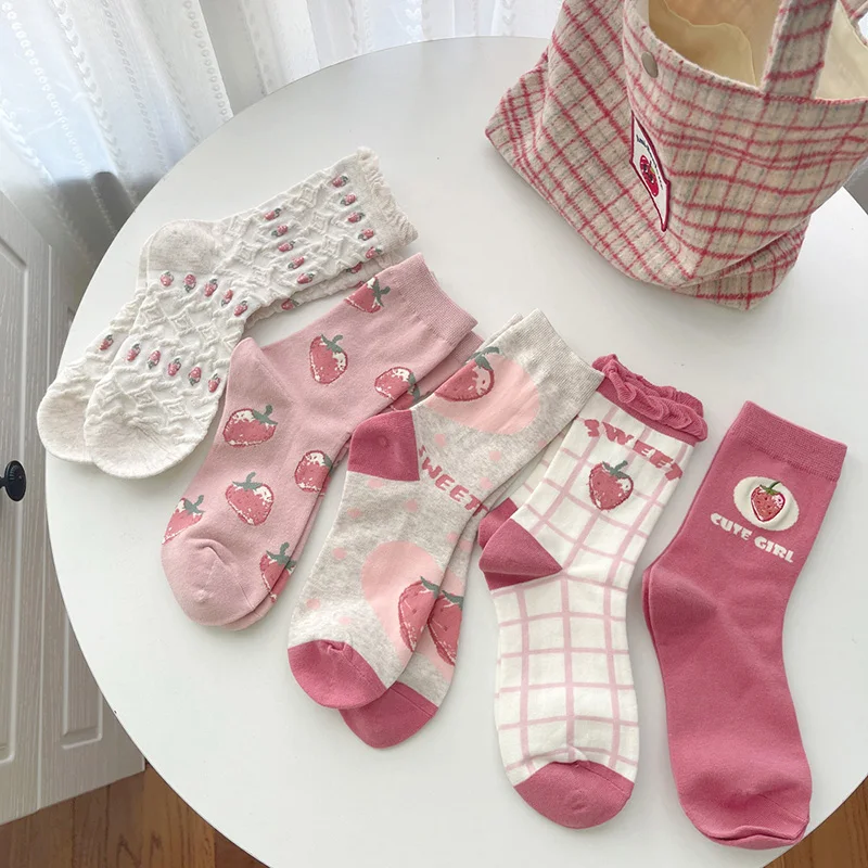 

Lolita Strawberry Socks Pink 5 Pairs Set Women Kawaii Winter New Fashion Japanese Style Knitted Sock Sweet Soft Girl Sokken Gift