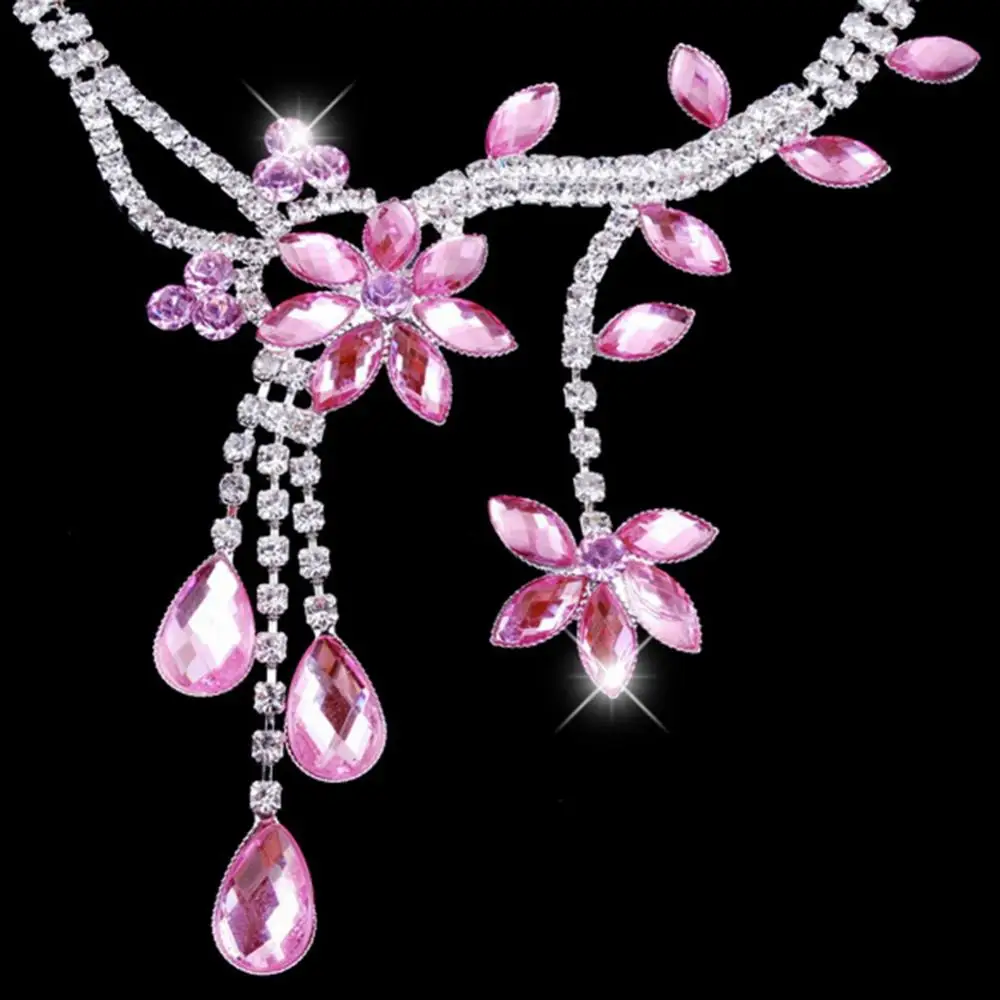 

Wedding Party Bridal Floral Tassel Drop Rhinestone Earrings Necklace Jewelry Set
