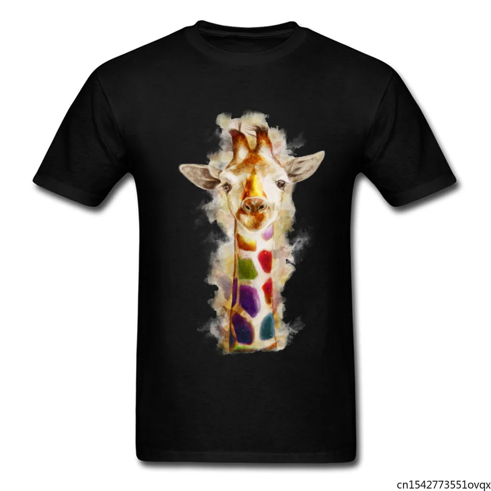 

Colorful Day Black T-shirt Men Rainbow Watercolor Giraffe Painting Unique Summer T Shirt Animal Trend Top Tee