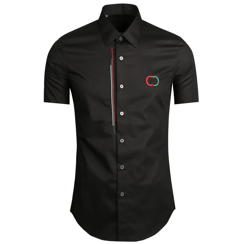 

2021 new men's short-sleeved shirt fashion slim embroidered short shirt cotton shirt black shirt