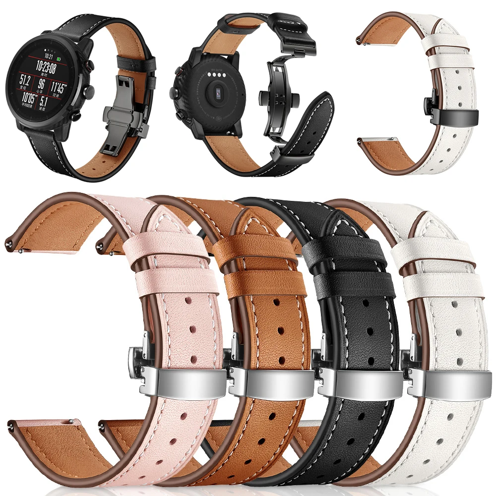 Butterfly buckle Leather Band for Xiaomi Huami Amazfit GTS / GTR 47mm 42mm Watch Strap for Amazfit Bip/ Stratos 3 Bracelet bands