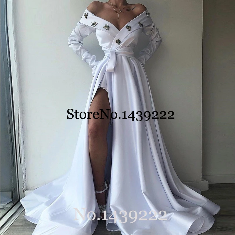

Sofuge White Satin Evening Dress Girl Off The Shoulder High Slit Belt Bee Train Vestidos De Fiesta De Noche Robe De Soiree Plus
