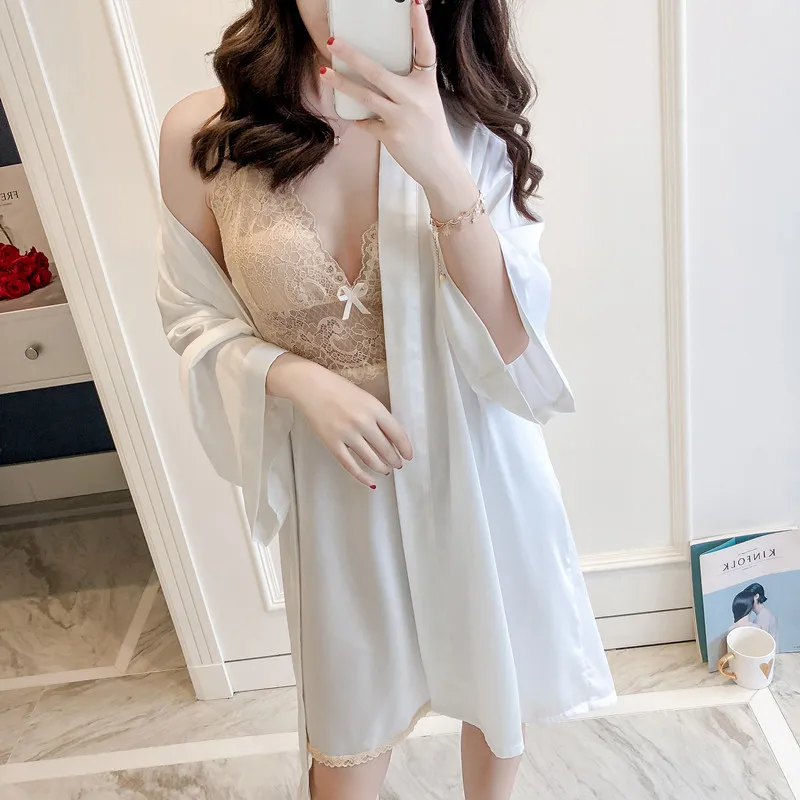 

Kimono Robe Gown Lady Sexy Lace Hollow Out Sleepwear Satin Nightdress Nightwear Soft Intimate Lingerie 2PCS Sleep Suit Homewear