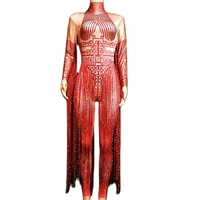 glisten diamonds women long sleeve jumpsuits red shiny tassel backless skinny stretch bodysuits singer show performance costume