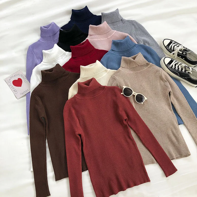 

Женский свитер с высоким воротником, однотонный базовый облегающий пуловер с длинным рукавом, вязаный свитер в Корейском стиле, весна-осень...