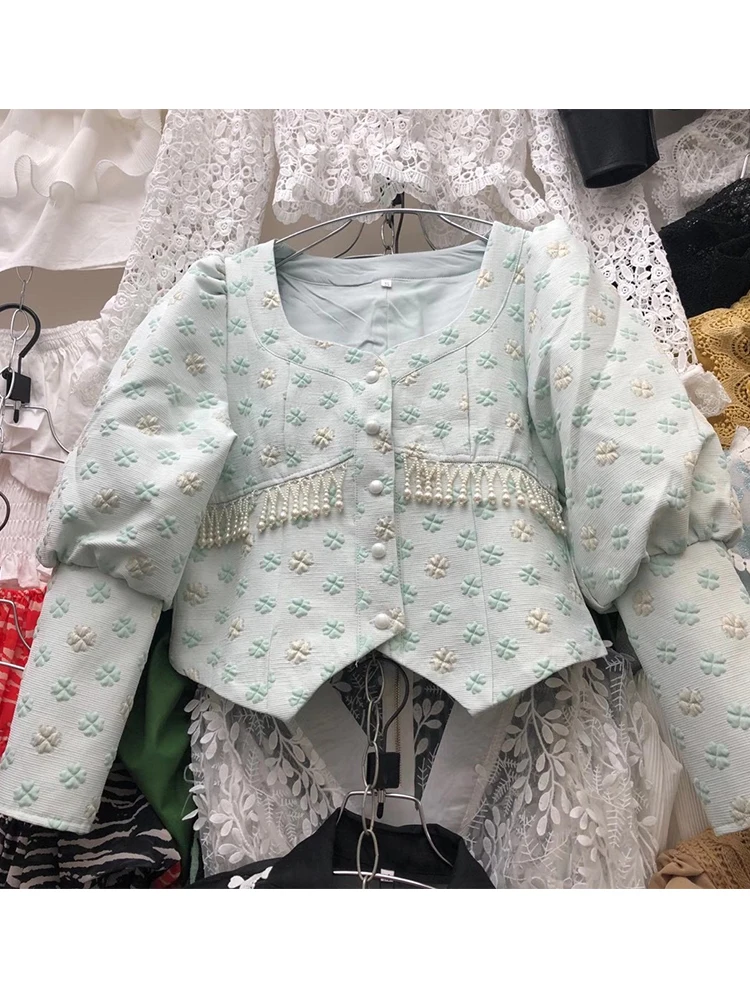 

Square Collar Puff Sleeve Heavy Craft Beaded Tassels Retro Jacquard Irregular Short Jacket Ladies Autumn New Fashion All-match