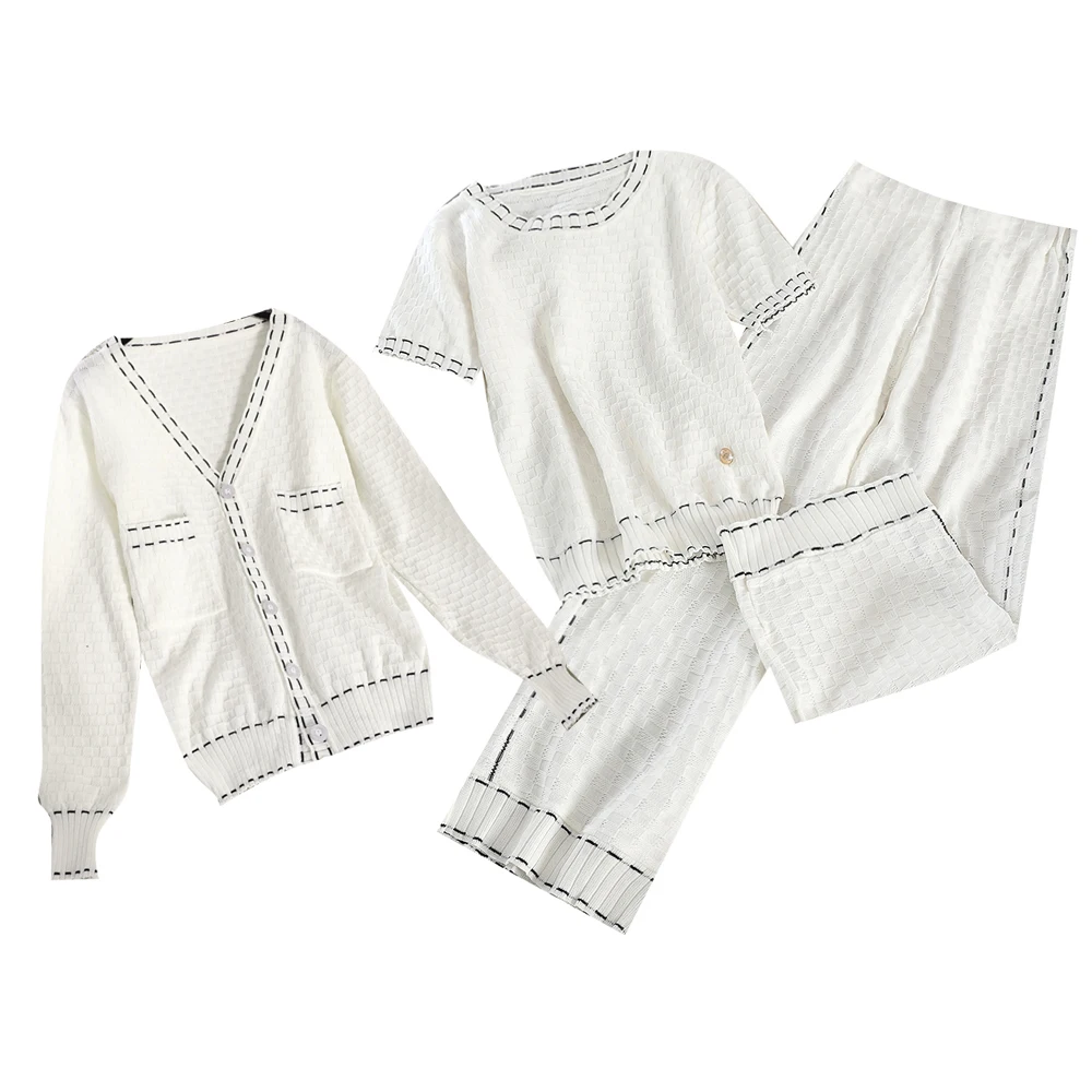 Женский костюм из трех предметов трикотажный кардиган + футболка брюки с