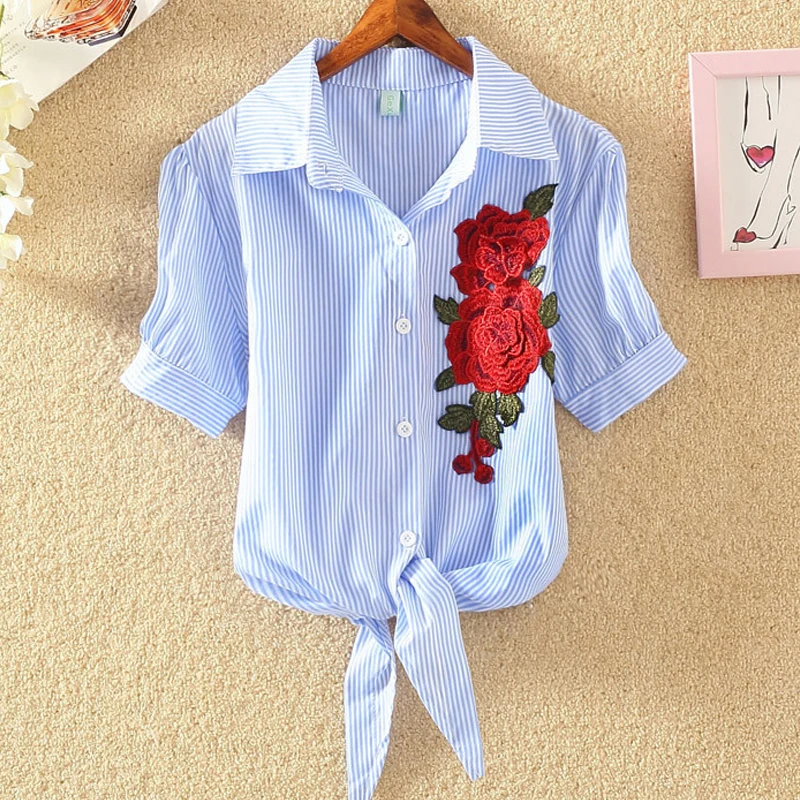 Женская короткая блузка кимоно в полоску с пышными рукавами топы синюю вышитыми