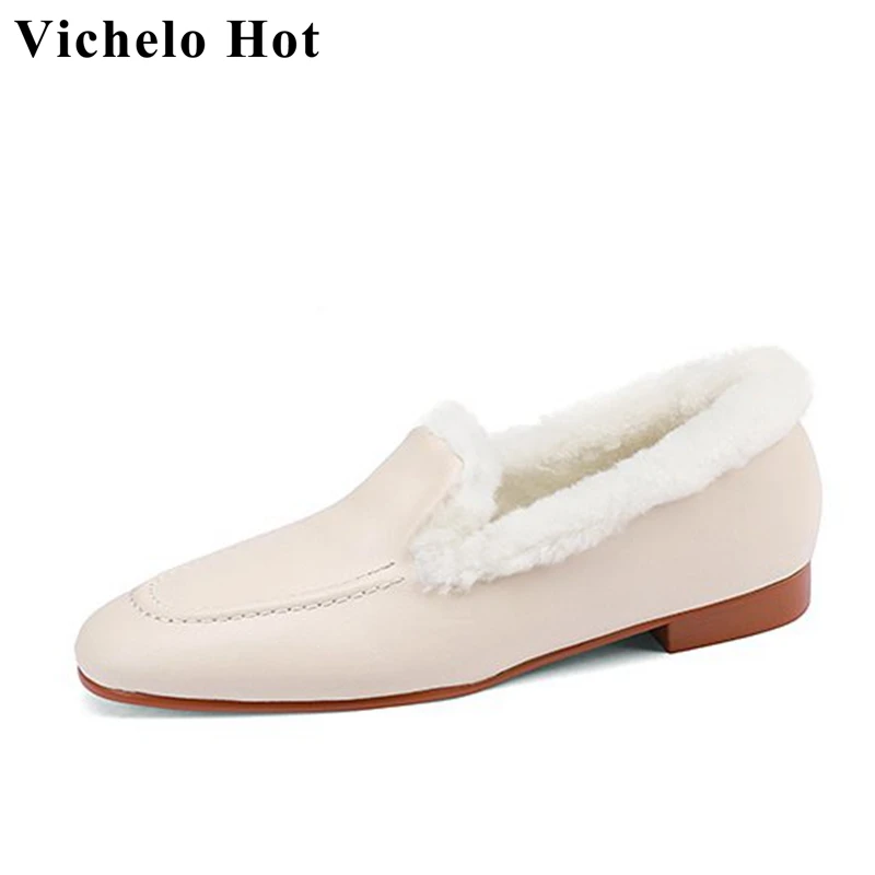 

Vichelo Hot chic lovely loafers shallow natural cow leather winter wool high fashion round toe low heels fairy slip on pumps l37