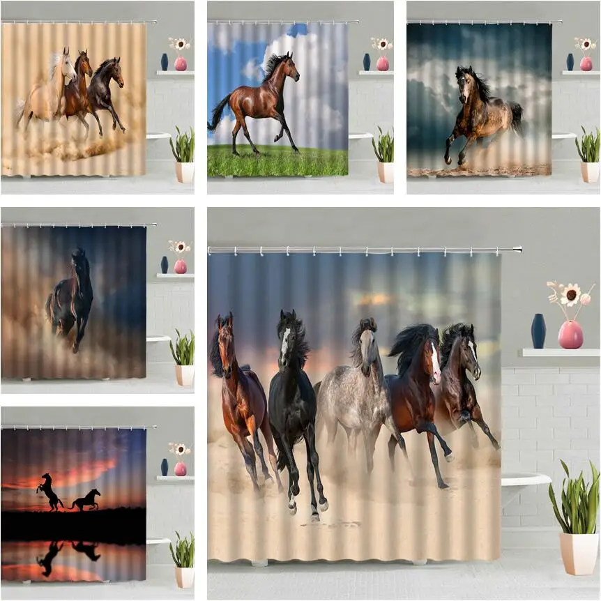 Занавеска для душа с пробегающей скачущей лошадью изображением пастбища 3D