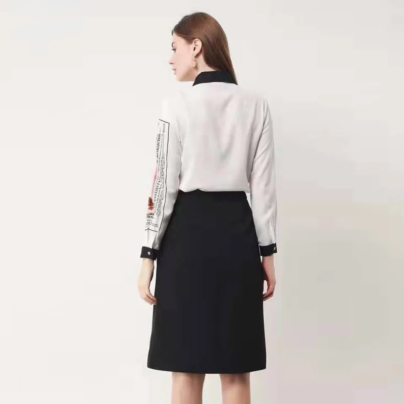 

New long sleeve shirt printed A-line skirt stitching triangle pleated high waist skirt black and white women in spring and autum