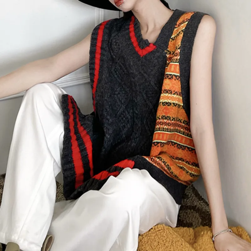 

XUXI Women Irregular Hem Vest Spring Autumn 2021 Short Streetwear Fashion Stitching Korean Knitting Vest Coat E3193