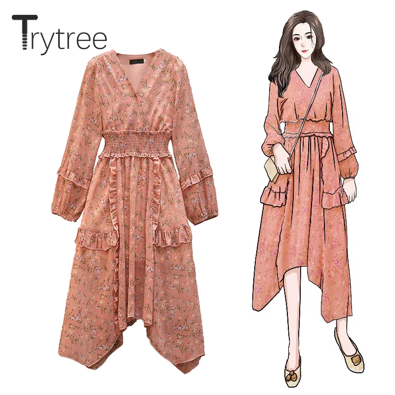 Весеннее женское платье Trytree повседневное ТРАПЕЦИЕВИДНОЕ ПЛАТЬЕ С V образным