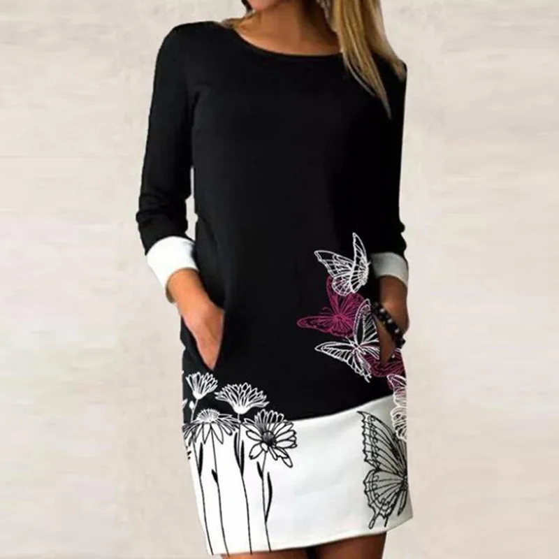 

Spring Women Floral Print Patchwork Dress Casual O Neck Long Sleeve Straight Dresses Female Long Sleeve Loose Vintage Vestidos