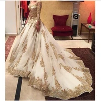 2021 new vintage ivory wedding dresses gold sequins lace appliqued v neck full sleeves glitter long train dress bridal gowns