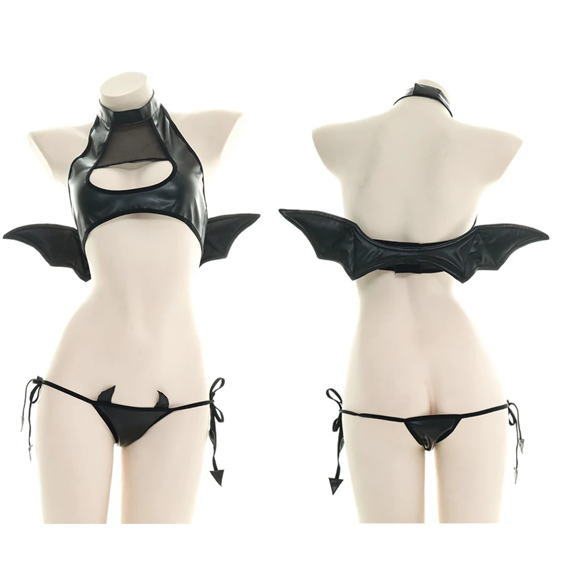 

Japanese Womens Devil Sexy Cosplay Costumes Hollow Out Tank with Wings Punk Anime Halloween Party Costumes Bikini Lingerie Set