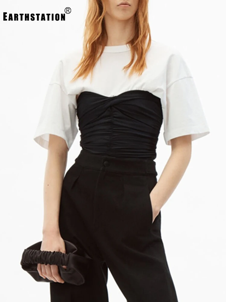 

Бесплатная доставка, тяжелая работа, плиссированная футболка Zou контрастных цветов, вышивка, круглый вырез, с капюшоном, женская летняя нова...