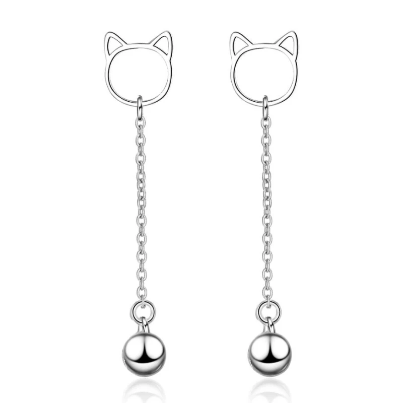 

Aestethic Elegant Teen Cute Bells Cat Long Simple Wild 925 Sterling Silver Temperament Fashion Female Dangle Earrings SEA414