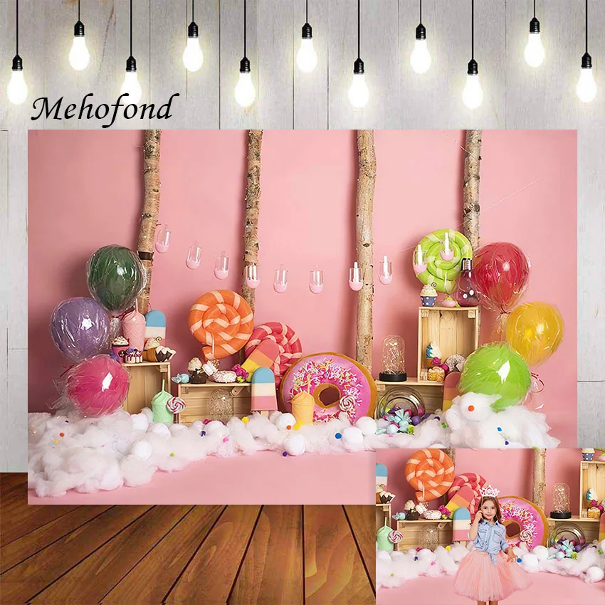 

Фон для фотосъемки Mehofond с изображением сладких розовых леденцов конфет пончиков для дня рождения торта для студийной фотосъемки