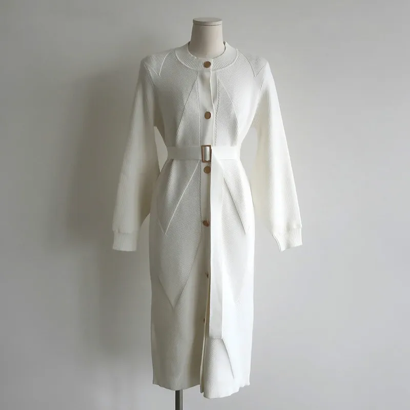 

Elegant O-neck Single-breasted Women Solid Sweater Dress OL Style Long Sleeve Belted Knitted Mid-length Dress Female 2021 New