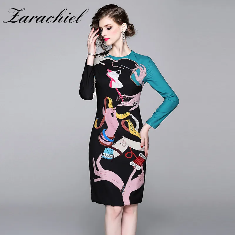 Женское элегантное винтажное платье миди с мультяшным принтом офисное