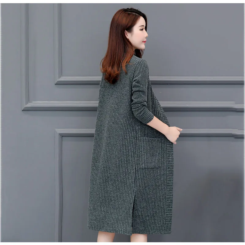 Женский длинный вязаный кардиган свободный однотонный с шалью в Корейском стиле