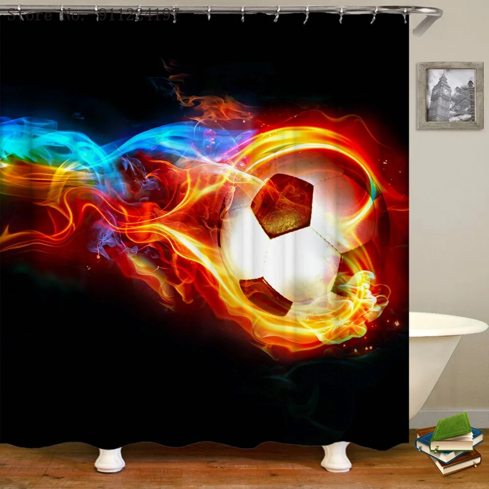 

Flame Football Printed Shower Curtain Baseball Basketball Waterproof Bath Curtain Planet Earth Shower Curtain With Hooks