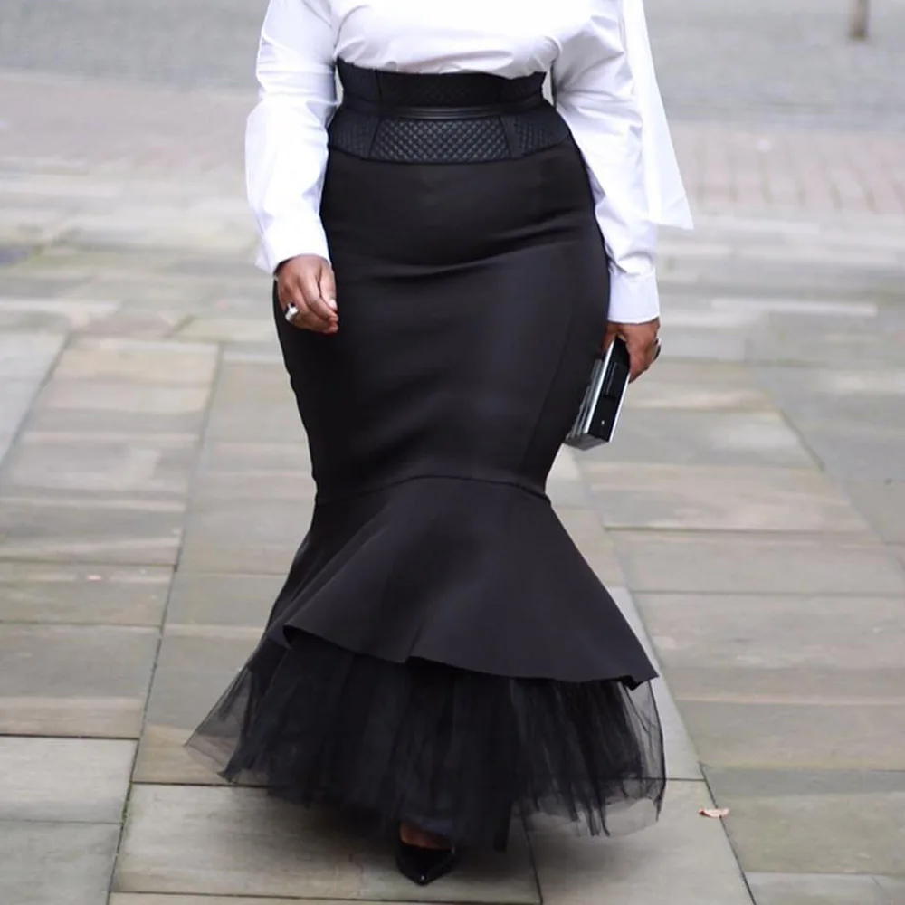 Женская черная зимняя длинная юбка русалки с сетчатыми оборками вечерние XL 5XL