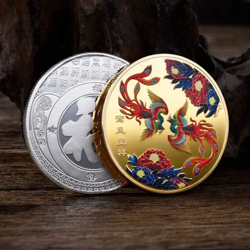 

45mm Color Inkjet Metal Commemorative Coin Souvenirs Gifts Crafts Two Phoenixes Bring Auspicious Good Luck To You