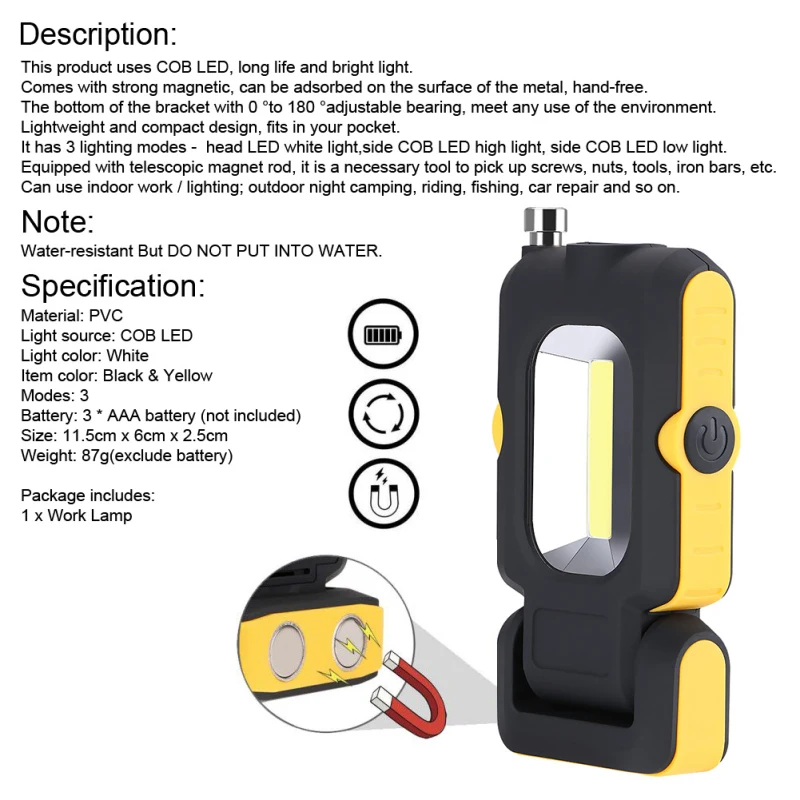 

Mini Work Light Magnet COB LED Flashlight 3 Modes Battery Operated Work Lamps Magnet Lighting Hand-free Outdoor Lamp for Camping