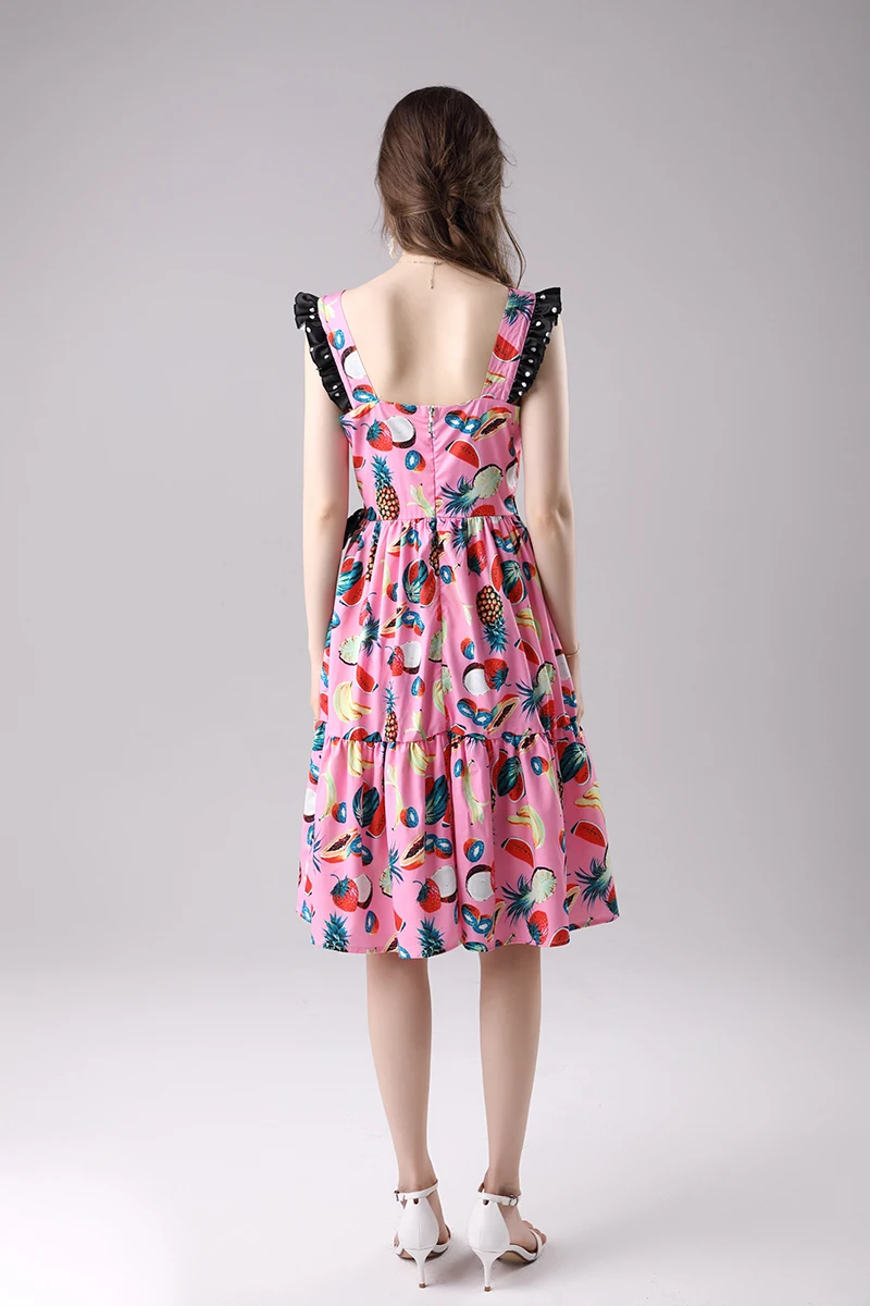 

Summer Print Pactchwork Polka Dot Spaghetti Strap Sleeveless Square Collar Bohemian Holiday High Waist Vintage Mini Dress