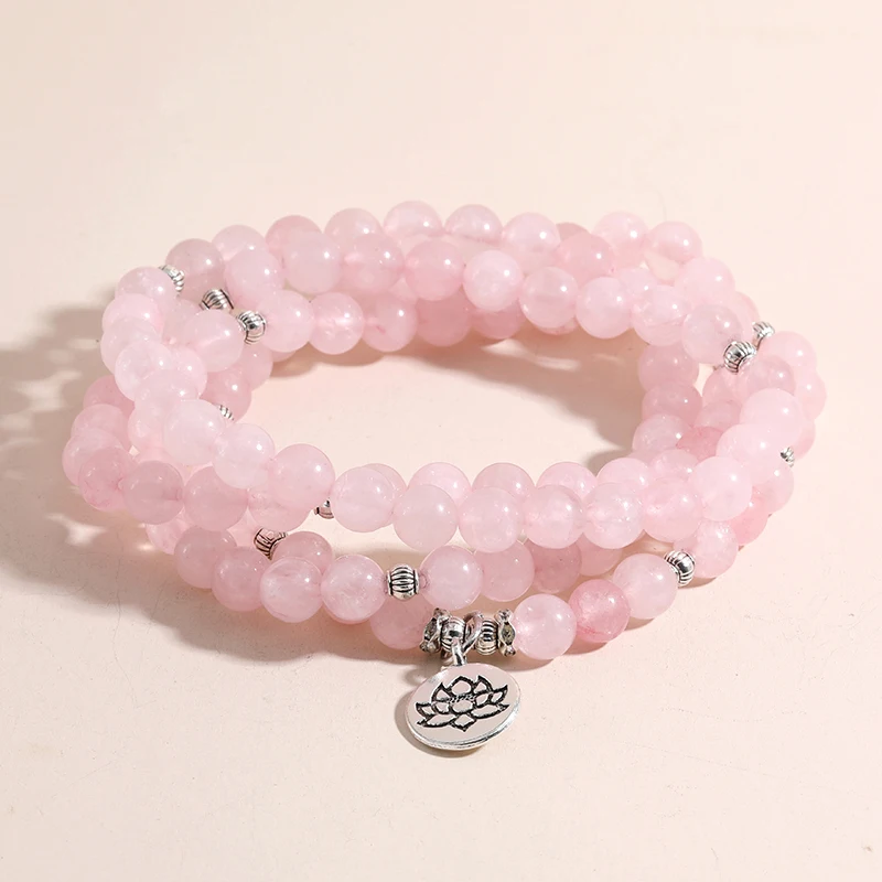 quartzo rosa, pulseira de oração ioga, Lotus