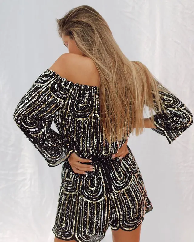 

Yeinchy sexy women off shoulder slash neck long sleeve ladies Elastic waist sequin party playsuit FM6105