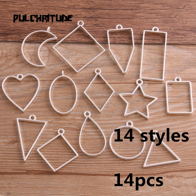 14pcs as pictures PULCHRITUDE, 6 шт./лот, 14 видов стилей, ярко-серебристого цвета, сплав, ювелирные изделия, аксессуары, геометрический брелок, полый клей, пустая подвеска, поднос, ободок - Окраска металла: 14pcs as pictures