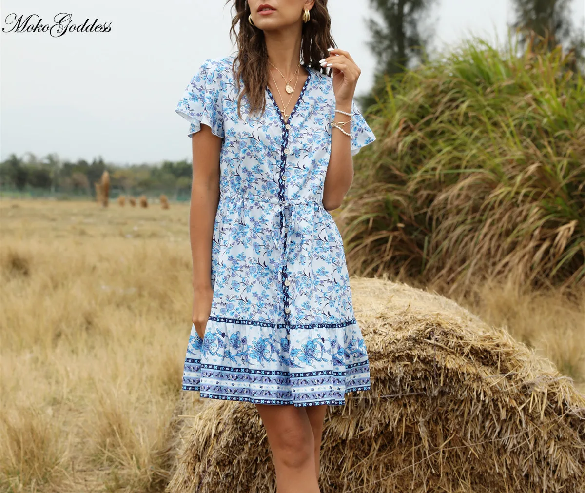 

MokoGoddess Spring and summer new beach dress V-neck short sleeve bohemian women's dress