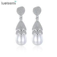 luoteemi white gold color irregular tiny cz waterdrop simulated pearl dangle earrings for women wedding party brinco gift