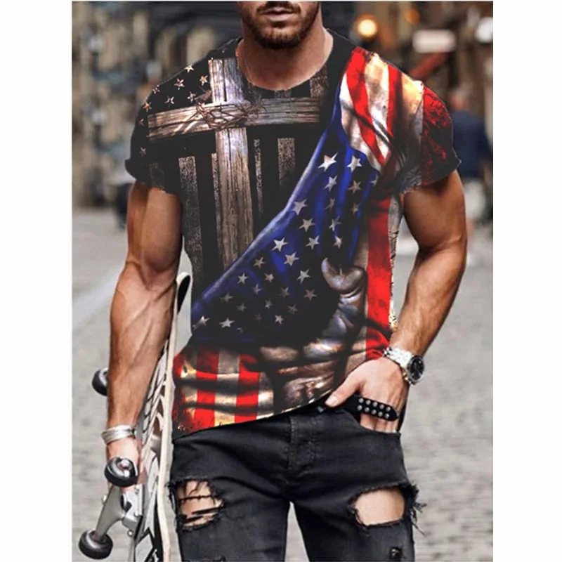 

The Latest! ! ! Printed T-shirt, National Flag Pattern, Breathable Fabric, Retro Style, Cost-effective Summer T-shirt