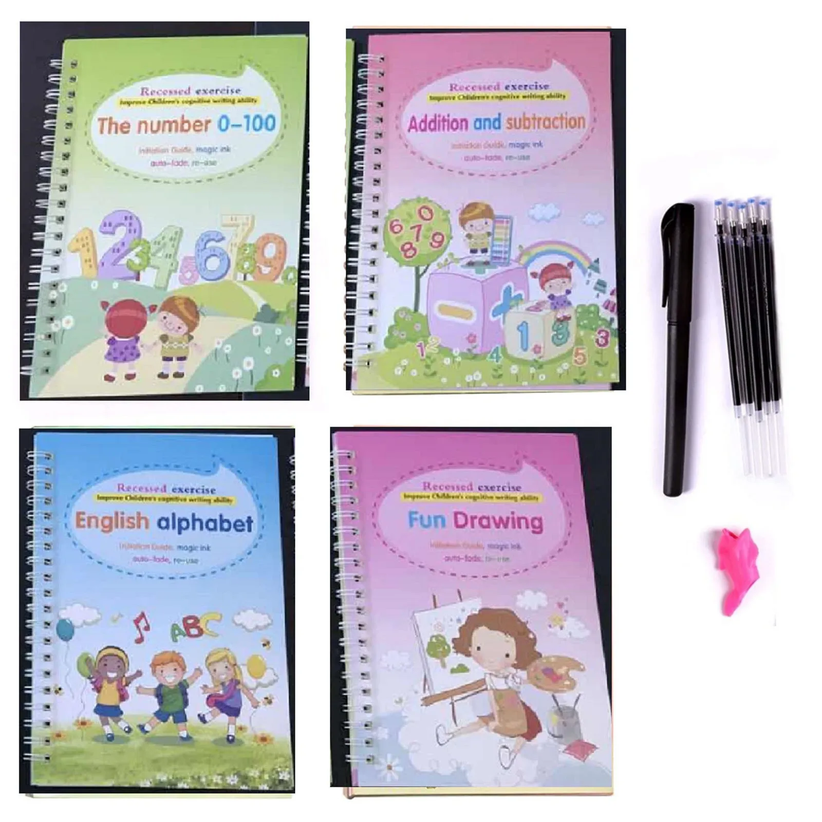 

Kids Child Magic practice copybook Magic Calligraphy Reused Handwriting 4 Copybook 1Pen 1Penholder 5 Refills 10ML