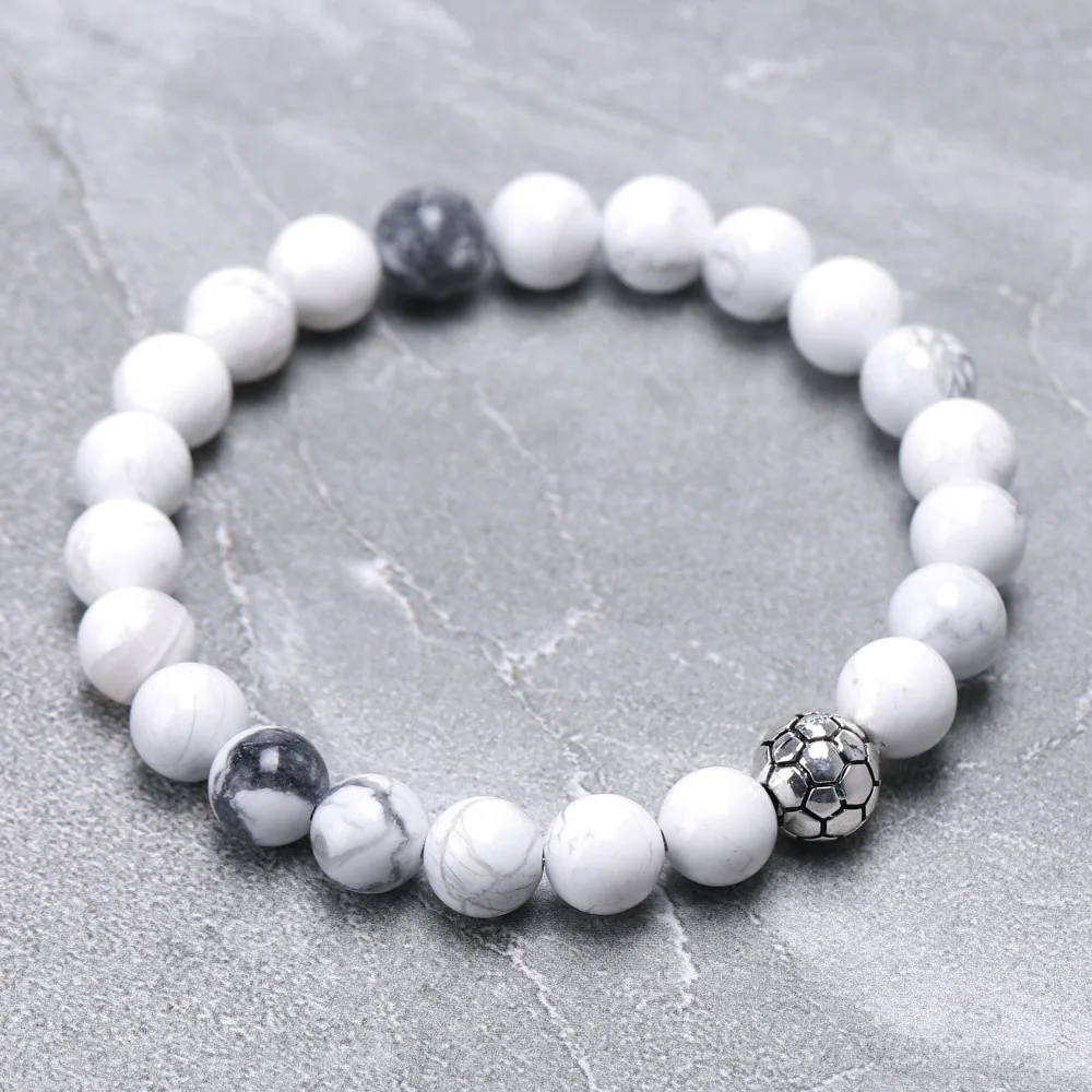 

2021 New 8mm Natural Stone World Cup Tibetan Silver Football Bracelet Bijoux