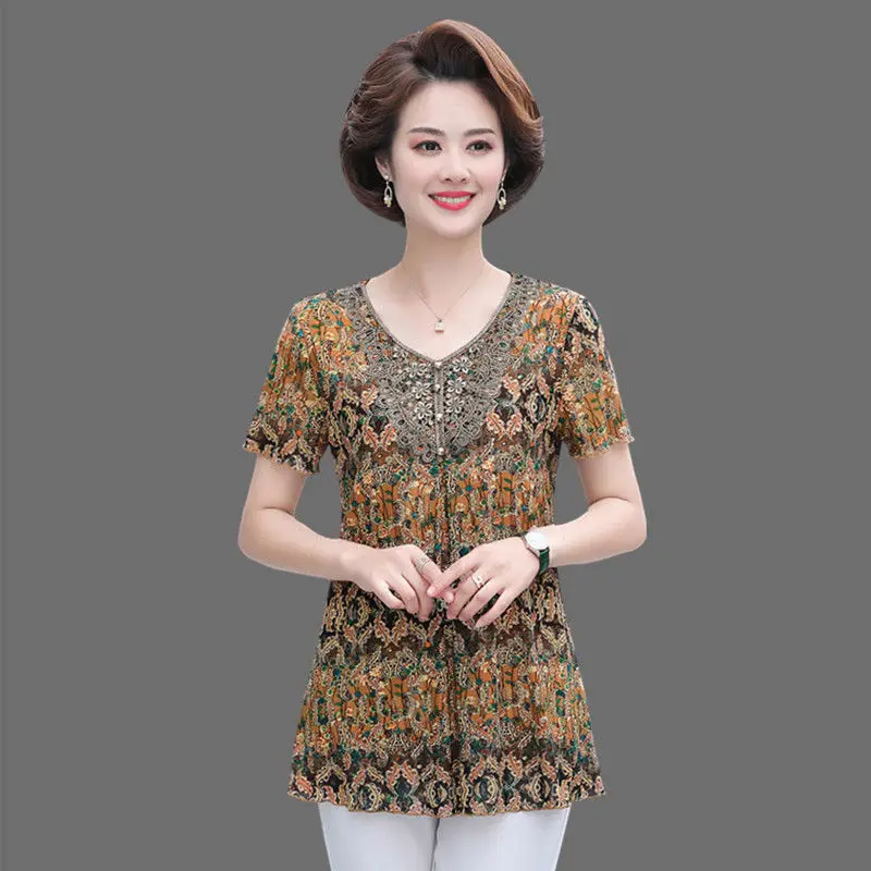 

Summer Women Lace Splice Blouses Short Sleeve V-Neck Fashion Casual Tops Ladies Pirnt Silm Shirts DM0116