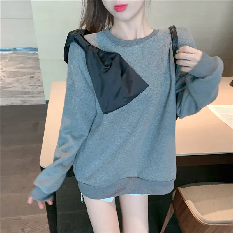 

Winter Clothes Women Korean Patchwork Bow Hoodies Casual Long Sleeve Sweatshirts Female O-neck Loose Pullovers Fashion Hipster