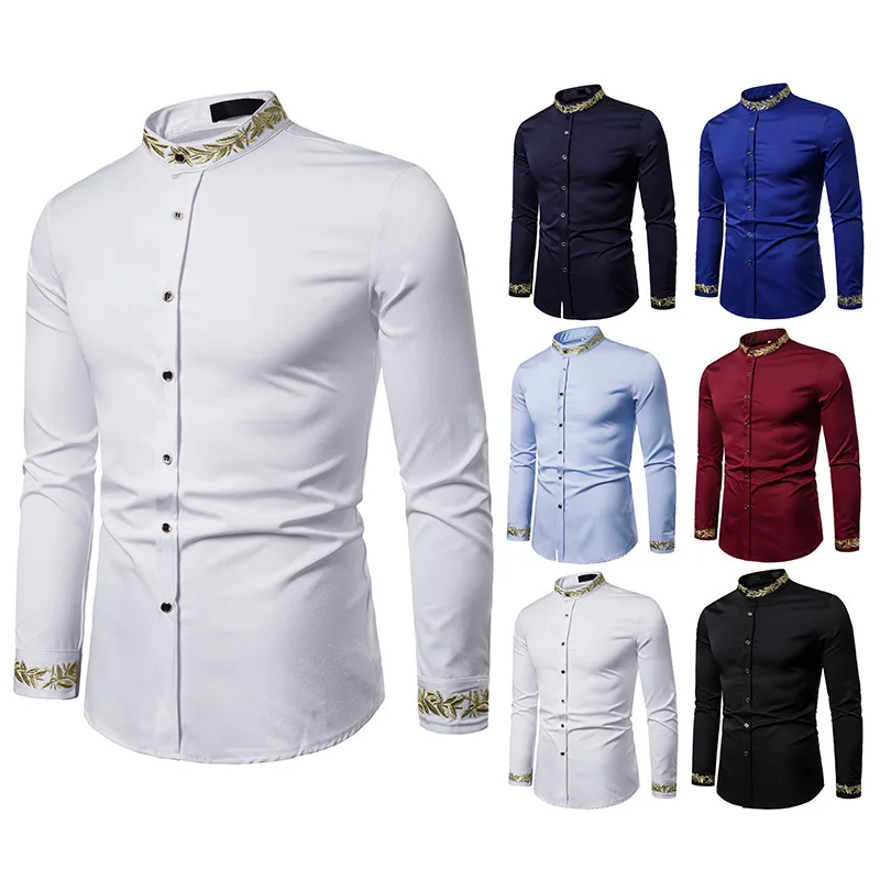 Men's brand new long sleeve holiday business leisure style embroidery fashion shirt wedding best man dress mens shirts | Мужская