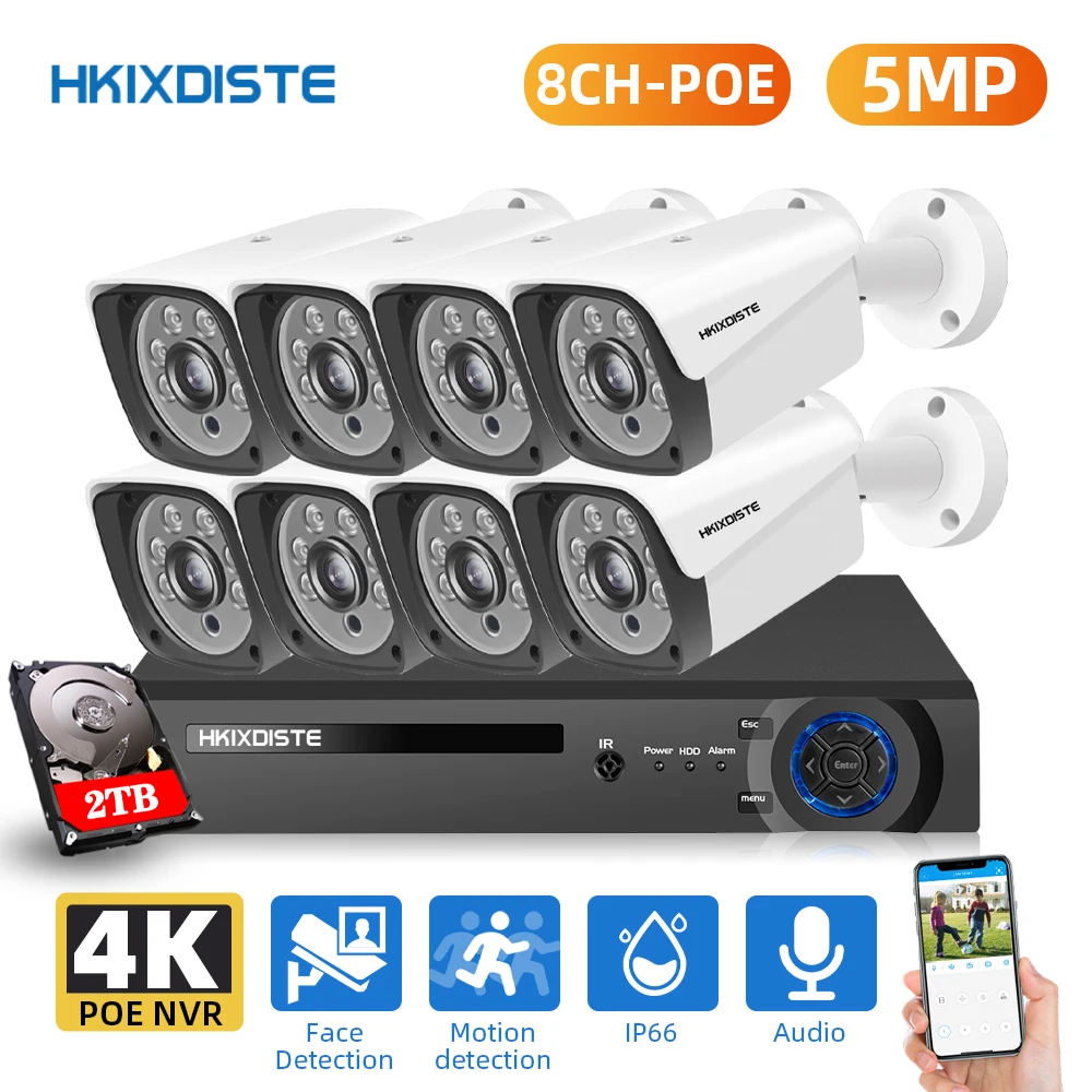 

H.265+ 8CH 5MP POE Audio Security System NVR Kit POE IP Camera IR Outdoor IP66 Face Detection CCTV Video Surveillance NVR Set 4K