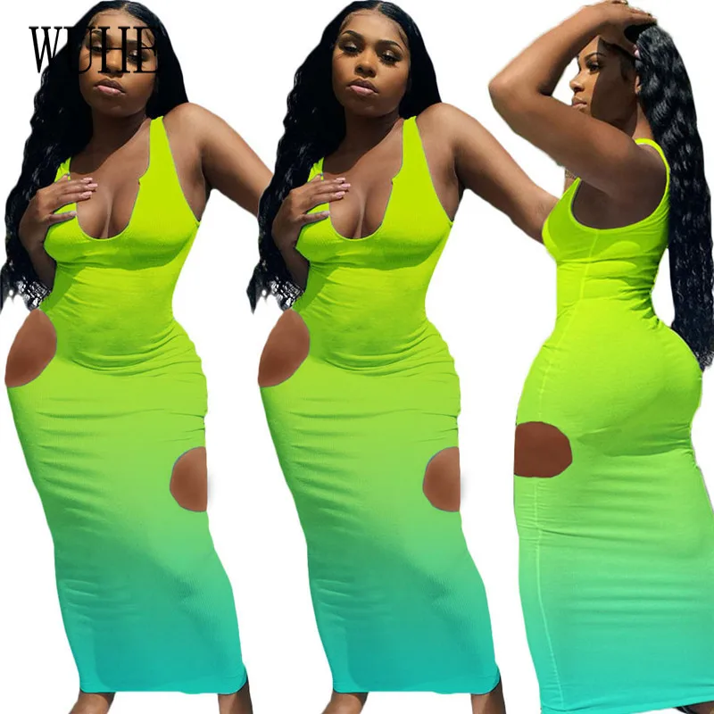

WUHE Gradient Hole Hollow Out Skinny Tanks Dresses Sexy Deep V Neck Off Shoulder Package Hip Sleeveless Casual Party Bodycon