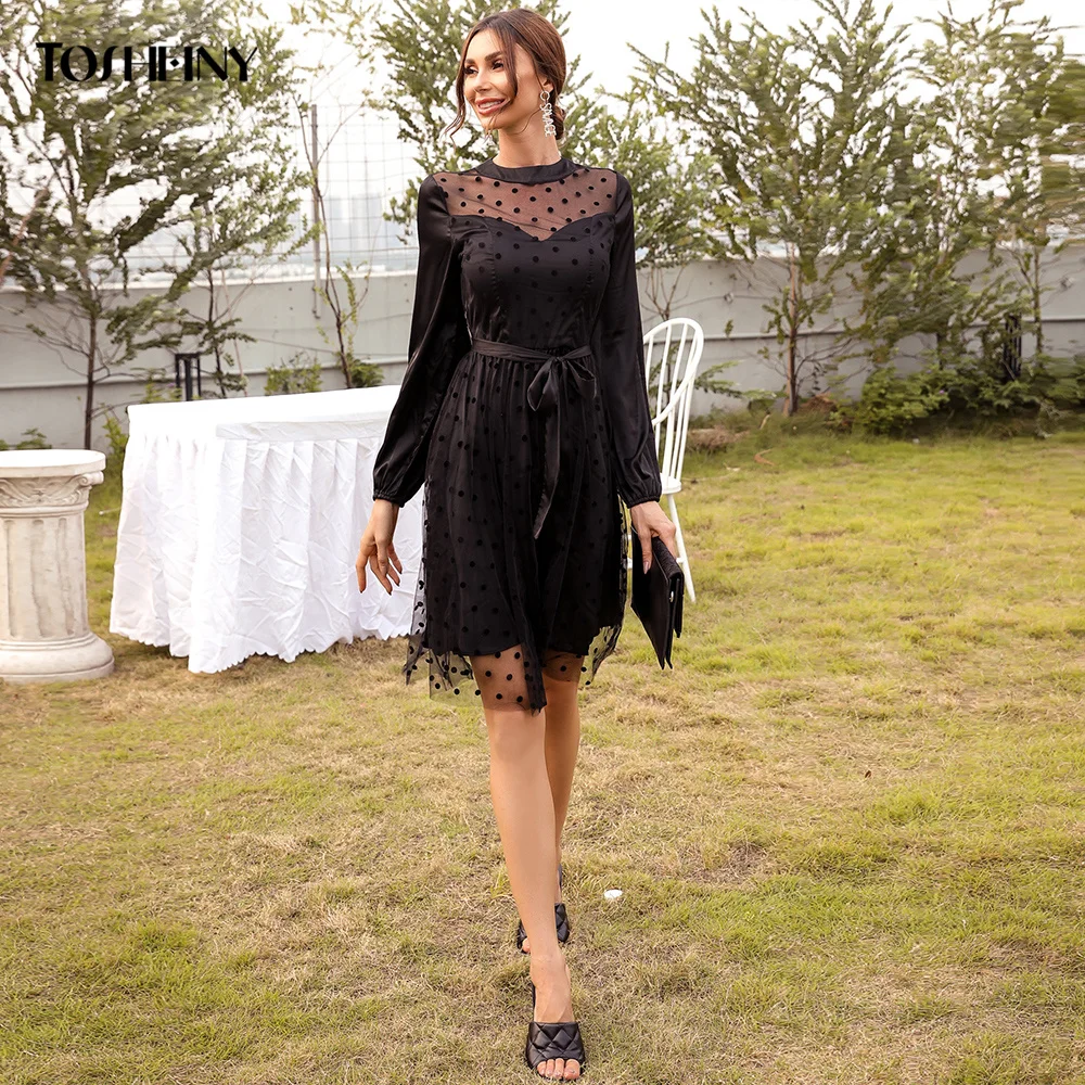 

Tosheiny Sexy Polka Dot Back Translucent Long Sleeve Solid Color Elegant Day Party Dress For Women Female Vestidos M0672