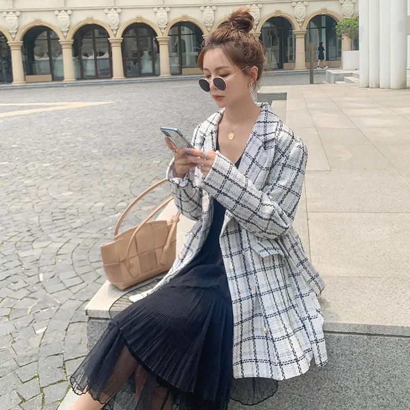 

2021 Spring Elegant OL Series Women Blazer Coat Double Breasted Lapel Creamy-white Plaid Jacket Office Femme Korean Clothing