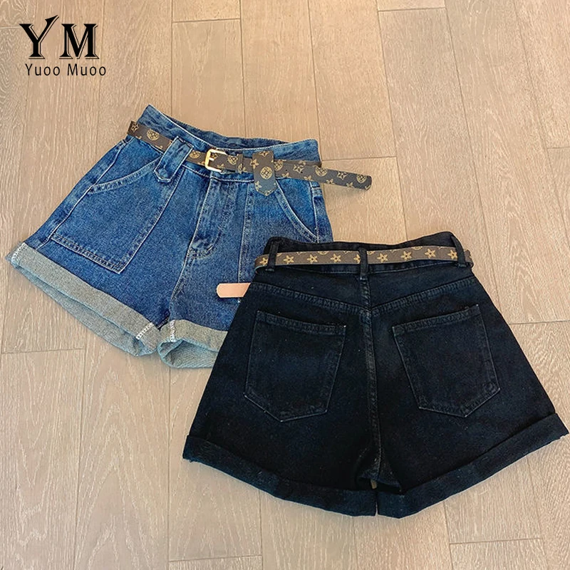

YuooMuoo New 2021 Summer Denim Shorts with Belt Women Roll Up High Waist Big Pockets Harem Blue Black Jeans Shorts Female Bottom