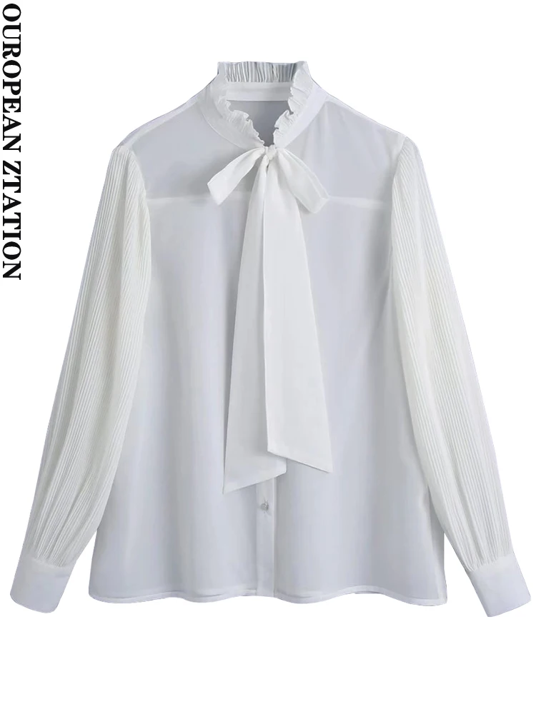 

Women 2021 za fashion with bow tied ruffled loose blouses vintage pleated sleeve button-up female shirts blusas chic tops