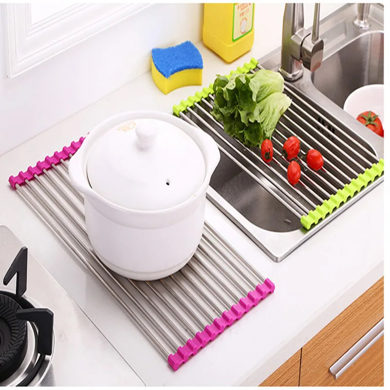 

Kitchen Sink Draining Rack Dish Drainer Placemat Stainless Steel Non-slip Folding Drying Rack Holder for Bowl Fruit Vegetable