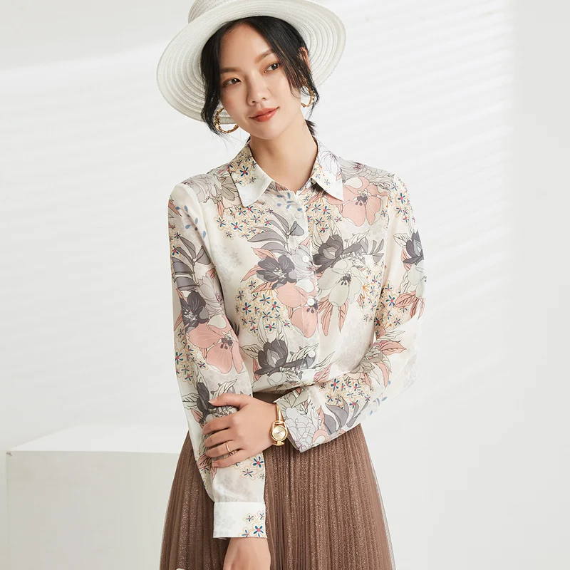 

[New product] Jin Ju spring and summer new printed floral long-sleeved wild temperament lady commuting silk silk blouse